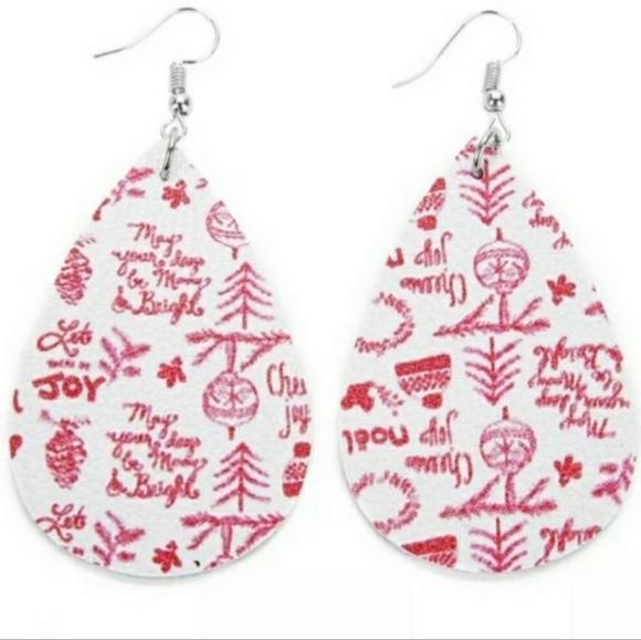 White Red Leather Teardrop Holiday Phrase Word Dangle Drop Earring - Picture 5 of 5